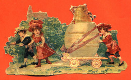 CHROMO DECOUPI Gaufré " Enfants Trainant Un Chariot Avec Oeuf Et Cloche " - Di Pasqua