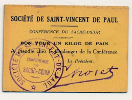 FRANCE - Société De Saint Vincent De Paul - Conférence Du Sacré Coeur - Bon Pour Un Kilo De Pain - Carton De Nécessité - Monetari / Di Necessità