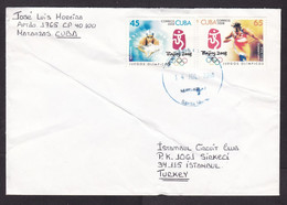 Cuba: Cover To Turkey, 2008, 2 Stamps, Olympics Beijing, Sports, Swimming, Athletics, Rare Real Use (damaged; Folds) - Brieven En Documenten