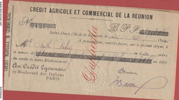 TRES RARE  - Chèque De Banque SA  CREDIT AGRICOLE ET COMMERCIAL DE LA REUNION - 1892 (VP  Cheque) - Reunion