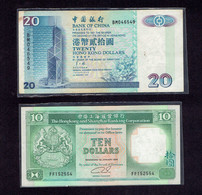 HONG KONG - LOT 2 BILLETS 10 DOLLARS 1980 - 20 DOLLARS 1986 - NO PIN HOLES - Hongkong