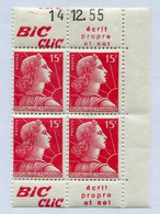 !!! 15 F MARIANNE DE MULLER BLOC DE 4 AVEC BANDES PUBS  BIC CLIC NEUF ** + COIN DATE - Unused Stamps