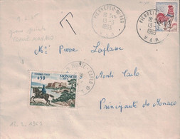MONACO - COQ 0.25 POUR LA PRINCIPAUTE DE MONACO - TAXEE EN ARRIVEE - GUERRE POSTALE FRANCO-MONEGASQUE - 13-3-1963 - 1960-.... Covers & Documents