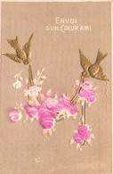 FLEURS - Envoi D'un Cœur Ami - Fleurs Roses Et Oiseaux Doré - Relief - Carte Postale Ancienne - Flowers
