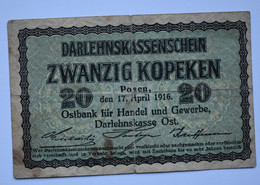 Banknotes Germany (1871-1948) 20 Kopeken Ostbank Für Handel Und Gewerbe, Darlehnskasse Ost 1916 - 1° Guerre Mondiale