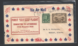 1931  First Regular Official Direct Flight Edmonton To Lathbridge  Flight 3153b - Primeros Vuelos