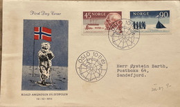 NORWAY 1961, FDC PRIVATE COVER, ILLUSTRATE FLAG, AMUNDSEN'S ARRIVAL AT SOUTH POLE, PARTY & TENT, 2 STAMP, OSLO CITY CANC - Lettres & Documents