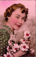 FANTAISIE - Femme - Sourire - Fleurs Blanches - Robe Verte à Pois - Carte Postale Ancienne - Femmes