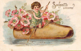 ENFANTS - Illustration Non Signée D'une Fillette Dans Une Barque Pleine De Fleurs Roses - Carte Postale Ancienne - Scènes & Paysages