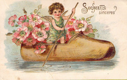 ENFANTS - Illustration Non Signée D'une Fillette Dans Une Barque Pleine De Fleurs Roses - Carte Postale Ancienne - Szenen & Landschaften