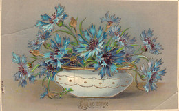 FLEURS - Illustration Non Signée - Fleurs Bleues Dans Un Vase Blanc - Carte Postale Ancienne - Flores