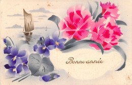 FLEURS - Illustration Non Signée - Fleurs Violettes Et œillets Roses - Carte Postale Ancienne - Fleurs