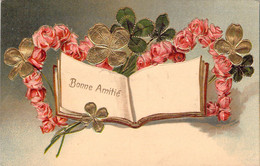 FLEURS - Illustration Non Signée - Roses Et Trèfle - Livre Ouvert - Carte Postale Ancienne - Fleurs