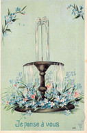 ENFANTS - Illustration Non Signée - Fleurs Bleues Sous Une Fontaine - Carte Postale Ancienne - Blumen