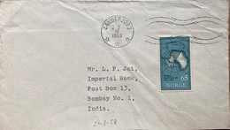NORWAY 1958, ANTARCTICA, INTERNATIONAL GEOPHYSICS, MAP STAMP, FDC COVER USED, SANDEFJORD CITY, WAVY CANCEL. - Covers & Documents