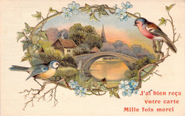 FLEURS - Illustration Non Signée - Paysage Mésange Pont Et Fleurs Bleues - Carte Postale Ancienne - Fleurs