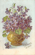 FLEURS - Illustration Non Signée - Vase De Fleurs Violette - Vase Doré - Carte Postale Ancienne - Blumen