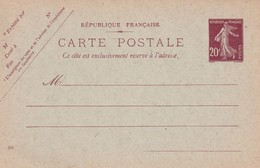 France Entiers Postaux - 20c Semeuse - Carte Postale - Standard Postcards & Stamped On Demand (before 1995)