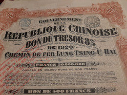 1920 -Chine - China - Chinese Chemin De Fer Lung-Tsing-U-Hai -Gouvernement De La République Chinoise - Bon Du Trésor 8%. - Azië