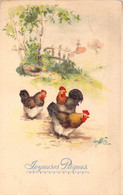 Pâques - Illustration Non Signée De Trois Poules Dans La Nature - Carte Postale Ancienne - Easter