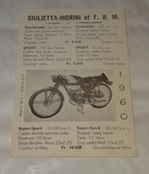 PUB PUBLICITE TARIF, VELOS MOTEUR CYCLOMOTEUR GIULIETTA MORINI TOURISME, SPORT, SUPER SPORT, RIMAX IMPORTATEUR BRUXELLES - Motor Bikes