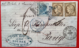 MIXTE RRR ! Regno D’ Italia 20c TUNISI POSTE ITALIANE1873+France Cérès 30c étoile PARIS (lettre) Sousse Tunisie (lettera - 1849-1876: Klassieke Periode