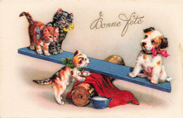 Chat * Chatons Jouant à La Balançoire Avec Un Chien * Cpa Illustrateur * Dog Cat Katze - Cats
