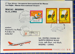 1995 MACAU INTERNATIONAL AIRPORT FIRST FLIGHT REGISTERED COVER TO BEIJING, PRCHINA - Lettres & Documents