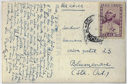 Brazil 1953 Postcard Photo Leme Beach In Rio De Janeiro Sent To Blumenau Commemorative Stamp RHM-327 Alexandre De Gusmão - Briefe U. Dokumente