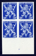 BELGIUM — SCOTT 350v — 1944 3f LION RAMPANT — MNH IMPERF BLOCK/4 — BLUE COLOR - 1941-1960