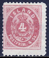 ICELAND — SCOTT 6 — 1873 4sk CARMINE NUMERAL P12½ — MH (REGUMMED) — SCV $1,900 - Ongebruikt