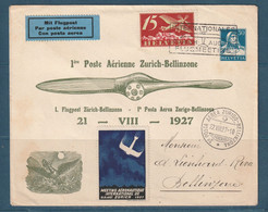 Suisse - Aérogramme - Premier Vol Zurich Bellinzone Sur Entier Postal Officiel Avec ça Vignette - 22 Août 1927 - Marcophilie