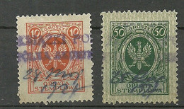 POLEN Poland Ca 1920 Documentary Tax Stempelmarken Revenue Oplata Stemplowa 10 & 50 Gr. O - Revenue Stamps