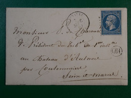 BP 8 FRANCE BELLE LETTRE 1857 VILLENAUXE A COULOMMIERS+CACHET CIRE   +O.R.+NAPOLEON N°14 +CACHET DE CIRE + AFFR.PLAISANT - 1853-1860 Napoléon III.