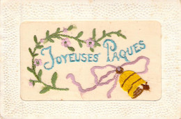 PAQUES - Carte Brodée Joyeuses Paques - Cloche - Fleurs - Carte Postale Ancienne - Pâques
