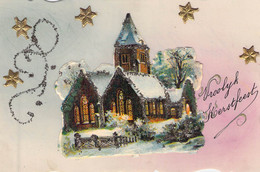 NOEL - Eglise En Relief - Etoiles - Vroolyk Kerstfeest - Carte Dentelée - Carte Postale Ancienne - Autres & Non Classés