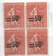 FRANCE N° 221 50C SUR 85C ROUGE TYPE SEMEUSE LIGNEE SURCHARGE DECALEE BLOC DE 4 NEUF SANS CHARNIERE - Unused Stamps