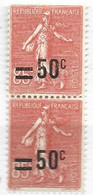 FRANCE N° 221 50C SUR 85C ROUGE TYPE SEMEUSE LIGNEE SURCHAGE PLUS PALE BLOC DE 2  NEUF SANS CHARNIERE - Unused Stamps