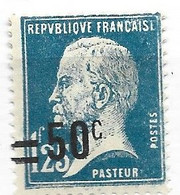 FRANCE N° 222 50C S 1F25 BLEU TYPE PASTEIR  SURCHARGE DEPLACEE  NEUF AVEC  CHARNIERE - Neufs