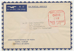 Taxe Percue Service Cover Taipei Taiwan Chine / China - The Netherlands 1967 - Covers & Documents