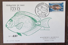 MALI Poissons, Poisson, Fish, Peces. Yvert N° 7 Fdc, Enveloppe 1er Jour 1960. Tirage Limité Et Numéroté - Poissons