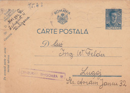 Romania, 1943, WWII Military Censored Stationery Postcard, TIMISOARA  Postmark - Lettres 2ème Guerre Mondiale