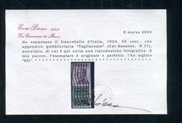 REGNO 1924 PUBBLICITARIO 50 C.TAGLIACOZZO ANNULLATO CENTRATO OTTIMO STATO CERT. DIENA - Reklame