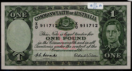 AUSTRALIA  1952 BANKNOTES 1 POUND PORTRAIT KING GEORGE VI AT RIGHT BLACK SIGNATURE H.C.COOMBS AND R.WILSON VF!! - 1938-52