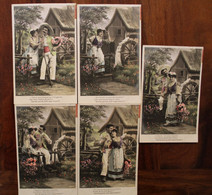 Lot 5 Ak CPA 1906 Emaillographie Couple Campagne Ferme Paysans Fleurs Voyagée - Parejas