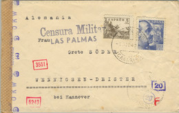 1942 CANARIAS , SOBRE CIRCULADO POR CORREO AÉREO , LAS PALMAS - HANNOVER , DOBLE CENSURA MILITAR , TRÁNSITO MADRID - Cartas & Documentos