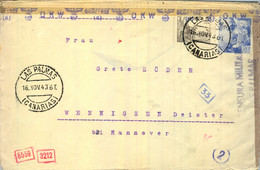 1943 CANARIAS , SOBRE CIRCULADO POR CORREO AÉREO , LAS PALMAS - HANNOVER , DOBLE CENSURA MILITAR , TRÁNSITO MADRID - Brieven En Documenten