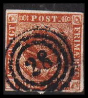 1854. 4 R.B.S. Nut-brown. Thiele 3rd Print. Cancelled 28 HOLBÆK.  (Michel 1IIc (AFA 1IIIf)) - JF530118 - Used Stamps