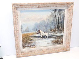 -TABLEAU HSP PAYSAGE SCENE DE CHASSE AU CANARD Signé F BLANCHON E - Huiles