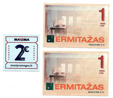 Lithuania Local Paper Money - Ermitazas 1 Litas X 2pcs 2005's & Maxima Coupon 2 Euros UNC R - Litauen